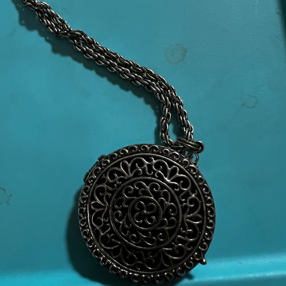 Long silver amethyst locket necklace